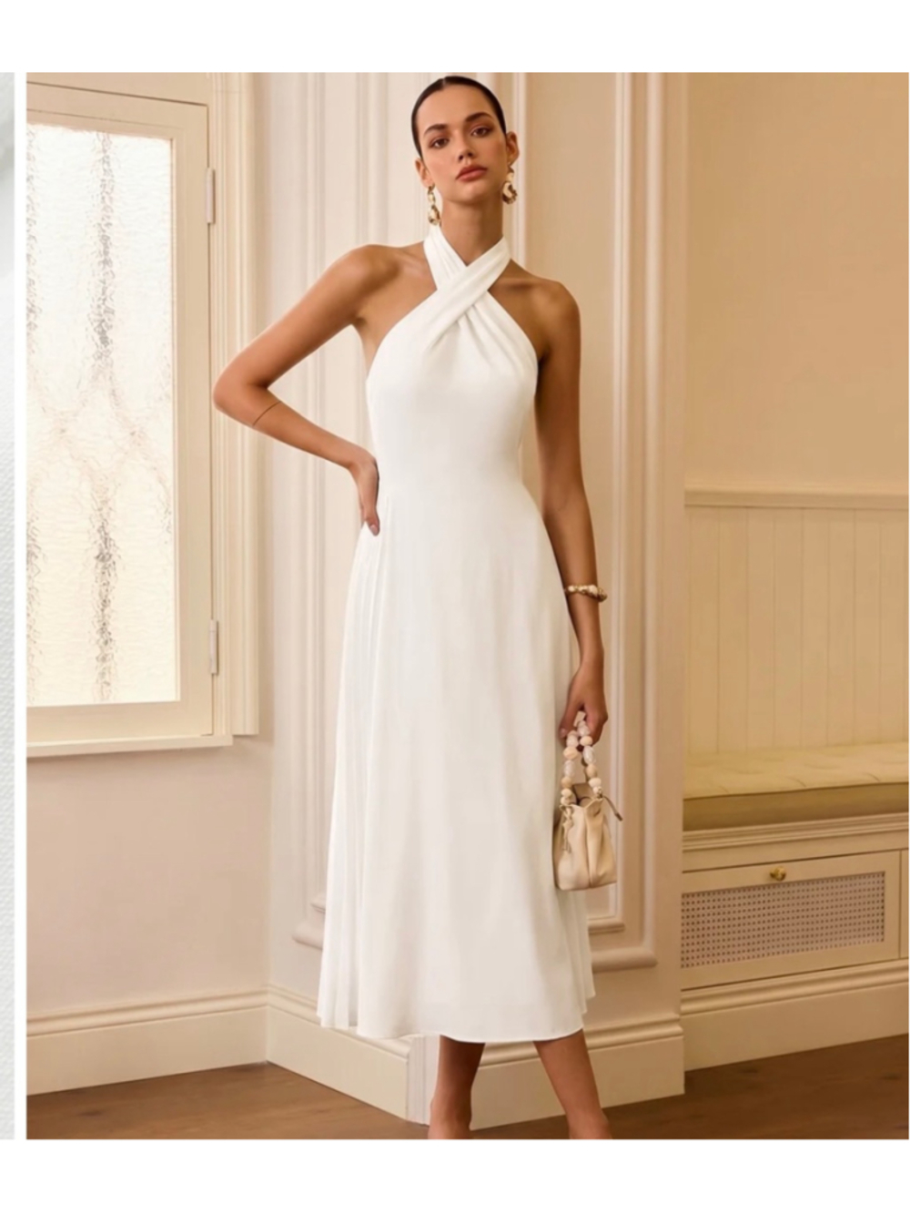 Commense White Cross Neck Halter Neck Midi Dress Size XS Retro Old Money Minimal